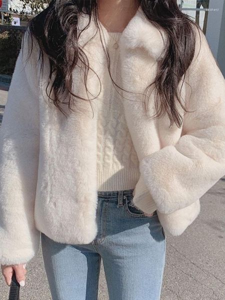 Casaco de pele feminino curto gola virada para baixo casaco falso feminino casual grosso quente algodão acolchoado jaqueta de inverno feminino 2023
