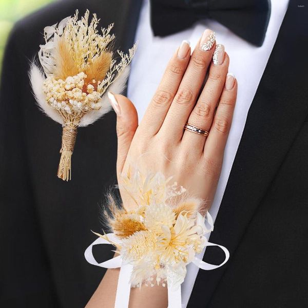 Flores decorativas 2 Pcs Pulso Corsage E Boutonniere Set Boho Pampas Bouquet Para Casamento Homens Mulheres Noivo Noiva Prom Aniversário Decoração