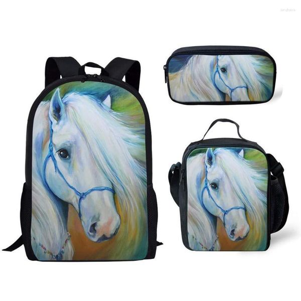 Mochila 2023 3D Impressão Cavalos Lancheira Caixa de Lápis 3 Pçs/set Escola Primária Estudantes Meninos Meninas Mochila Viagem