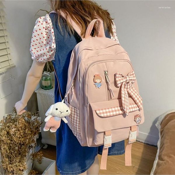 Mochilas escolares de lona para meninas, estudantes, multicamadas, fofas, de grande capacidade, mochilas com arco