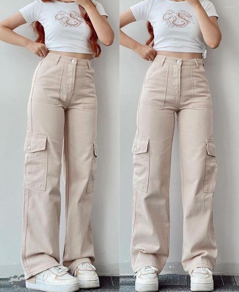 Calças femininas soltas casuais carga com bolso perna reta meados de cintura moda coreana feminina calças compridas streetwear
