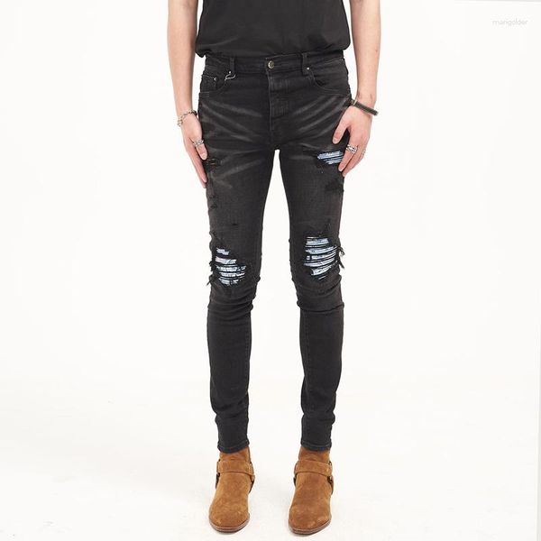 Herren Jeans High Street Ripped Skinny Distressed Black Hole Blue Patch Hose Slim Fit Stretch Füße für Männer