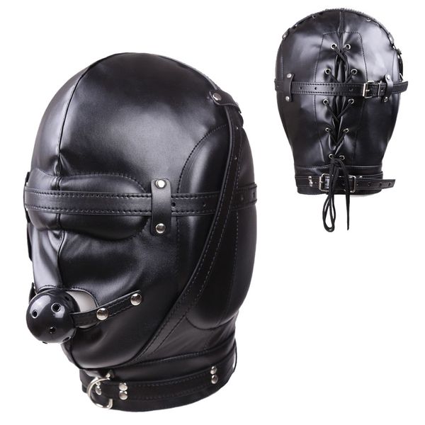 Acessórios de fantasia Sexy Preto PU Couro Esponja Espessamento Homens Cabeça Máscaras Adulto Cosplay Party Máscara Facial Masquerade Headgear com Boca Bola