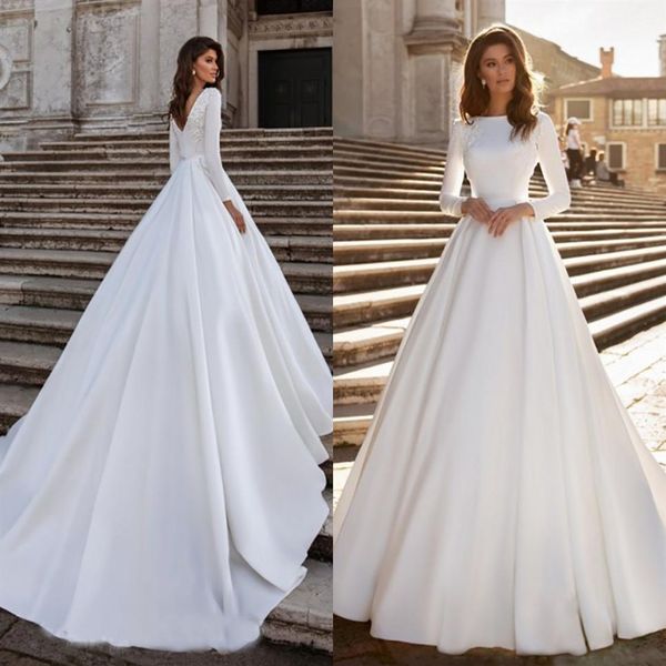 Novo a linha vestido de casamento marfim cetim elegante manga longa sem costas rendas apliques vestidos de noiva abito da sposa 2023 vestidos de noiva162g