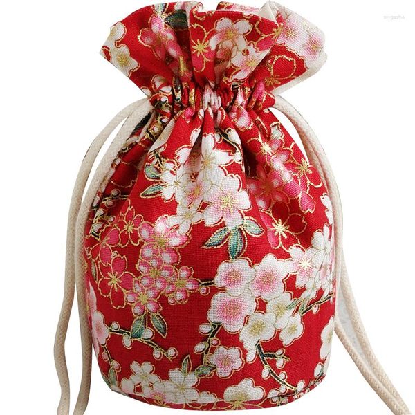 Confezione regalo Fiori di ciliegio Borsa in stoffa con fondo tondo Borsa cinese in cotone e lino con coulisse Borse per imballaggio riutilizzabili per piccoli gioielli