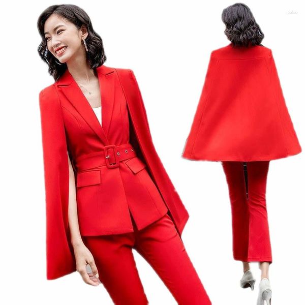 Calças de duas peças femininas coreano de alta qualidade primavera outono poncho capa elegante manto blazer outwear casual escritório senhora moda 2 peças conjunto