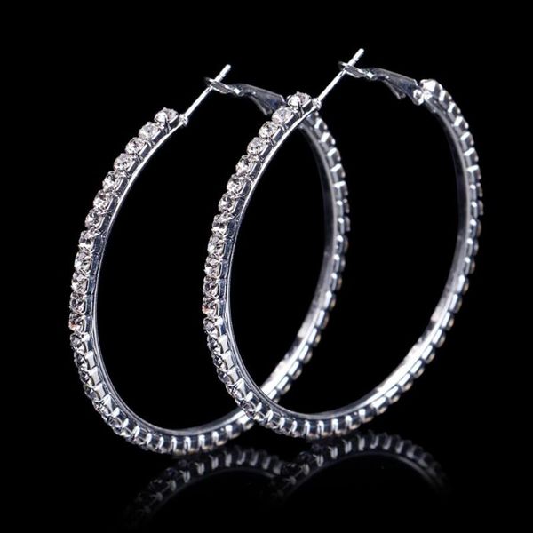 Hoop Huggie Moda Bayanlar 50mm Gelin Gümüş Renk Kristal Diamante Rhinestone Yuvarlak Küpeler Kadınlar İçin Düğün Balo Accessorie2669