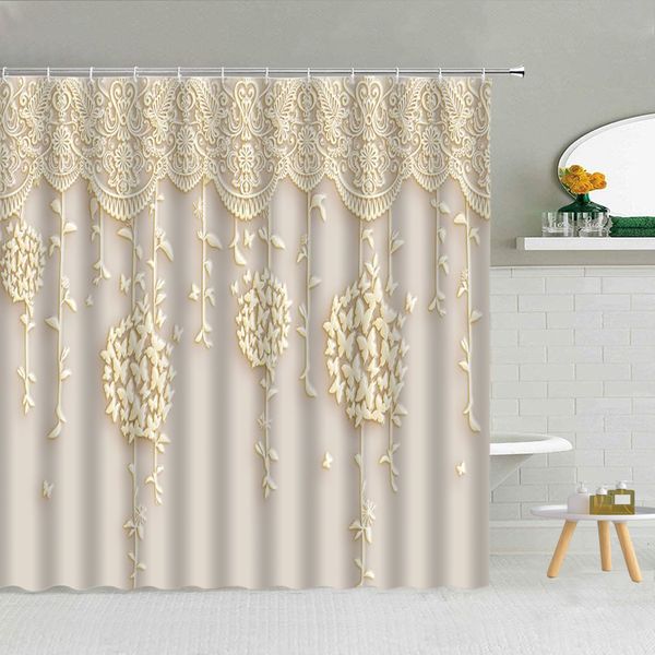 Tende da doccia 3D in rilievo Fiore Geometria Tenda da doccia Foglie di vite Farfalla Europeo di lusso Impermeabile Bagno Art Decor Ganci Tende 230920