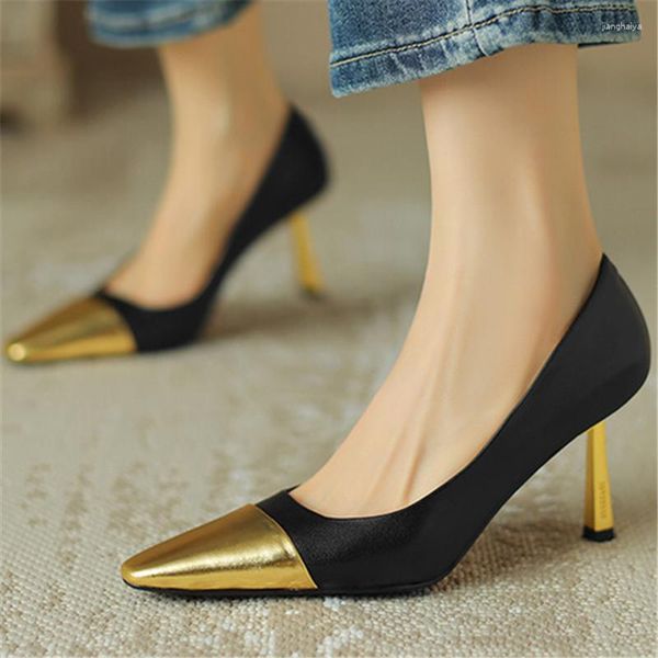 Kleidschuhe LeShion von Chanmeb Designer Echtes Leder Frauen Stiletto Mix-Farbe Gold Dünne High-Heel Flache Slip-on Pumps Dame Büro 42