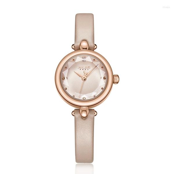 Relógios de pulso Julius Watch Art Leather Band Pérola para Mulher Alta Qualidade Japão Quart Senhoras Rosa Rosa Tom de Ouro Hora JA-1080