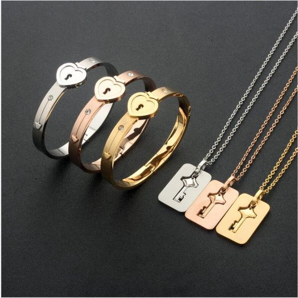 Aço inoxidável casal pulseiras colares bloqueio chave pingente conjunto de jóias para namorado namorada aniversário dos namorados 221w