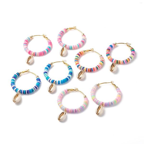 Brincos pendurados Kissitty 8 pares de cores misturadas artesanais de argila de polímero Heishi anel frisado huggie hoop para mulheres brinco de concha de cowrie