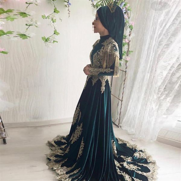 Vestidos de casamento muçulmano, verde escuro, linha, miçangas, borla, renda dourada, árabe, turco, trem de varredura, cetim, robes de mariee189y