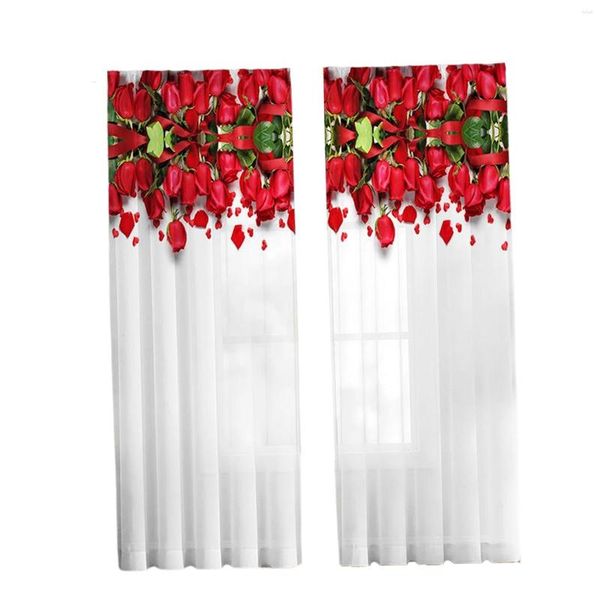 Cortina 2 cortinas transparentes estampadas, painéis de flores rosas, floral branco para sala de crianças, janela de estar, quarto, cozinha