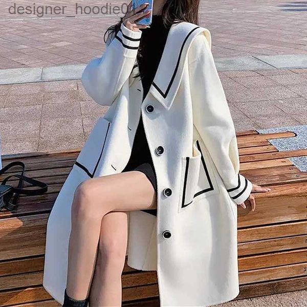 Misto lana da donna Cappotti da donna 2023 Inverno Nuovo misto bianco Donna Colletto alla marinara Dolce ragazza femminile coreano Elegante cappotti di lana spessa L230920
