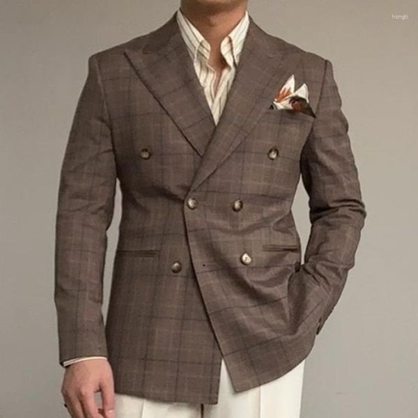 Ternos masculinos estilo britânico retro xadrez blazers duplo breasted jaqueta casual casamento vestido de negócios casaco social banquete smoking traje