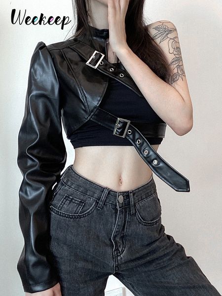 Jaquetas femininas Weekeep gótico preto pu jaqueta de couro mulheres um ombro halter fivela hip hop roupas moda streetwear jaquetas cortadas sólidas 230919