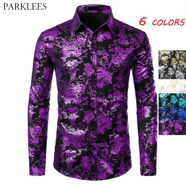 Roxo masculino floral bronzeamento camisa masculina flor brilhante camisa de luxo moda festa dos homens camisas vestido casual clube masculino239a