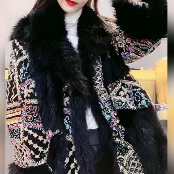 Kadınlar Kürk Yüksek Kaliteli Kadın Kış Palto 2023 Moda Nakış Pulları Patchwork Ceket Orta Uzun Yok Gevşek Sokak Giyim Sıcak Ceket