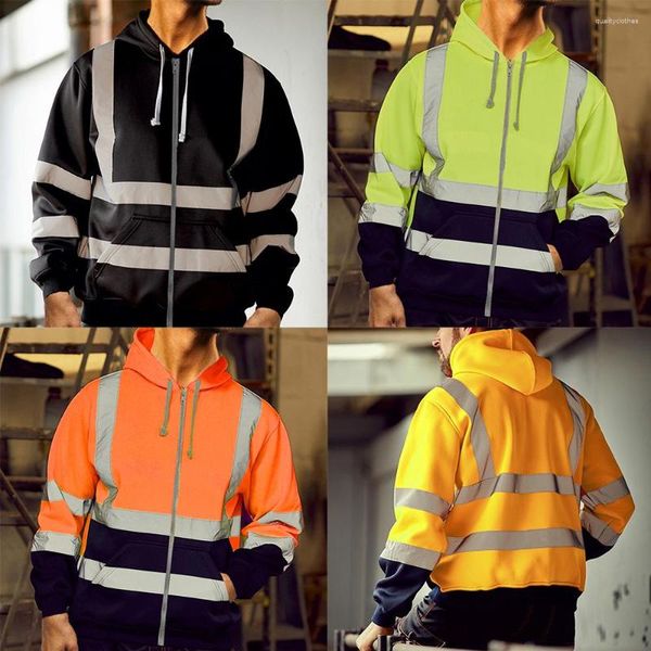 Felpe con cappuccio da uomo Moda Autunno in pile leggero Felpa con cappuccio da uomo con striscia riflettente Coulisse Costruzione Lavori di emergenza stradale