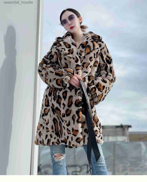 Damenfell Kunstpelz FURYOUME Neue Winter Frauen Natürliche Kaninchen Pelzmantel Lange Leopard Muster Anzug Kragen Leder Gürtel Mode Echt Kaninchen Pelz jacke L230920