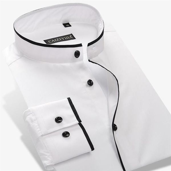 Camisas de vestido masculinas gola mandarim com tubulação preta bolso-menos design casual fino manga longa padrão-ajuste 309w