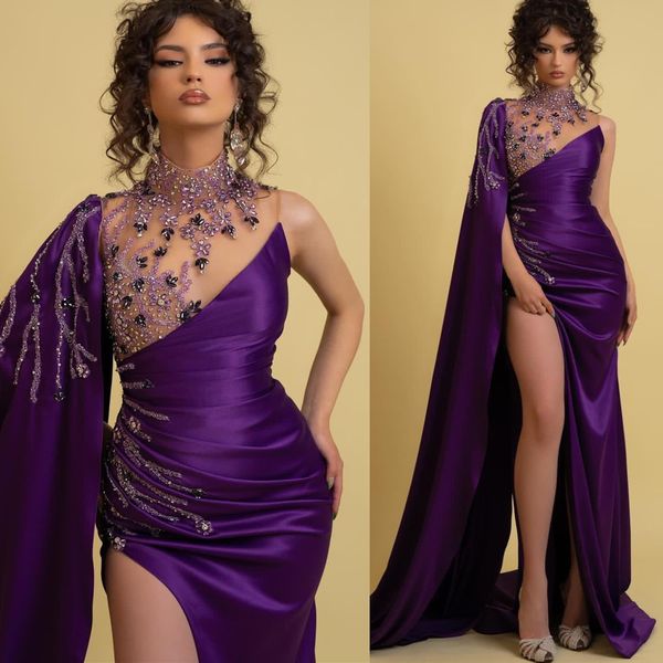 ASO EBI ARABISCHE MERAMID PURPEL PURPLE PROM Kleid Kristalle Satin Abend formelle Party zweite Empfangsgeburtstag Verlobung Brautjungfernkleider Kleider Robe de Soiree ZJ26