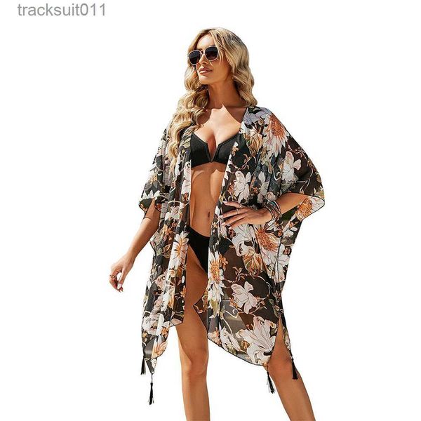 Frauen Cape Lady Sommer Chiffon Strickjacke Frauen Sonnenschutz Schal Urlaub Blume Bikini Bluse Atmungsaktive Strand Cape Sexy Tippet Großhandel L230920