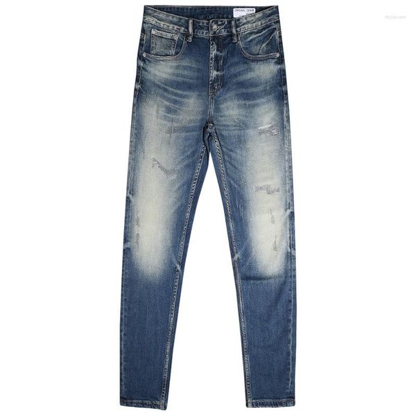 Jeans da uomo moda retrò piccola toppa elastica lavata dritta indossata pantaloni slim fit da uomo gialli a matita