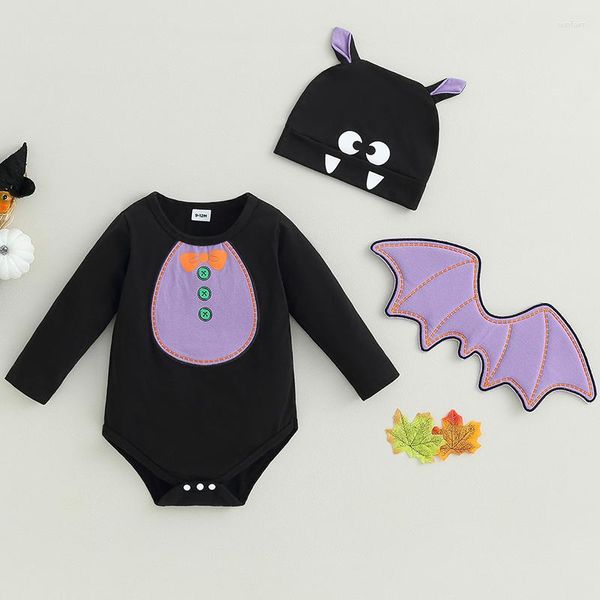 Conjuntos de roupas BeQeuewll Baby Girls 3pcs Halloween Outfit para outono preto manga curta padrão impressão macacão com chapéu de desenho animado e asa de morcego