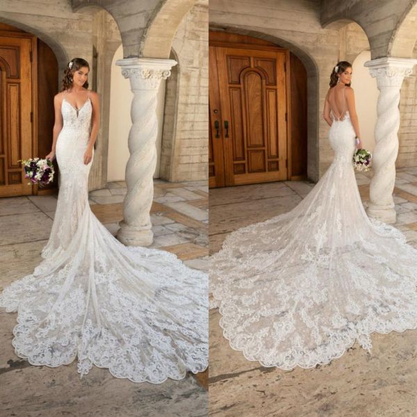 Kitty chen sereia vestidos de casamento espaguete trem varredura rendas apliques vestido de casamento de praia feito sob encomenda sem costas robes de marie231a