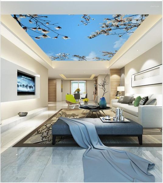 Sfondi soggiorno camera da letto soffitto decorazione murale bellissimo cielo blu nuvole bianche rami di fiori murales