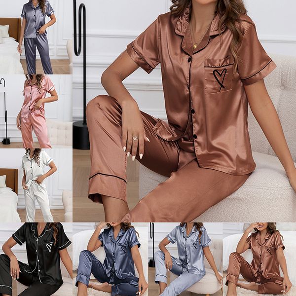Pijamas femininos sono estilo europeu e americano imitação de seda casa manga curta amor bordado verão roupas para casa estilo fino