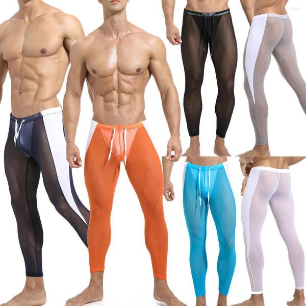 Roupa interior térmica masculina sexy malha transparente longo johns ver através de calças legging collants confortáveis pijamas pant bottoms