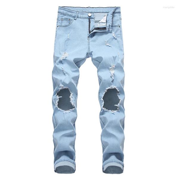 Мужские джинсы Tide Brand Красивые светло-голубые высококачественные джинсовые летние тонкие нищие с рваными дырками