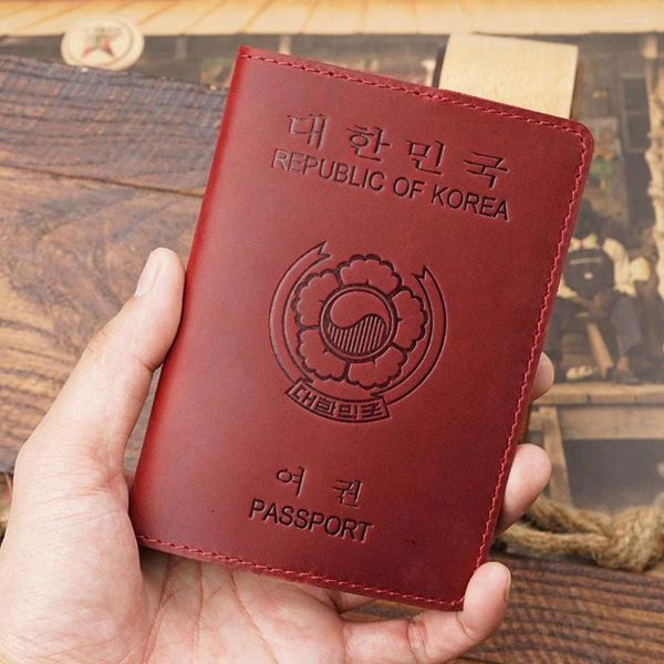 Titulares de cartão Genuíno Couro Passaporte Carteira Protetor para Coreia do Sul Capa Homens Retro na bolsa