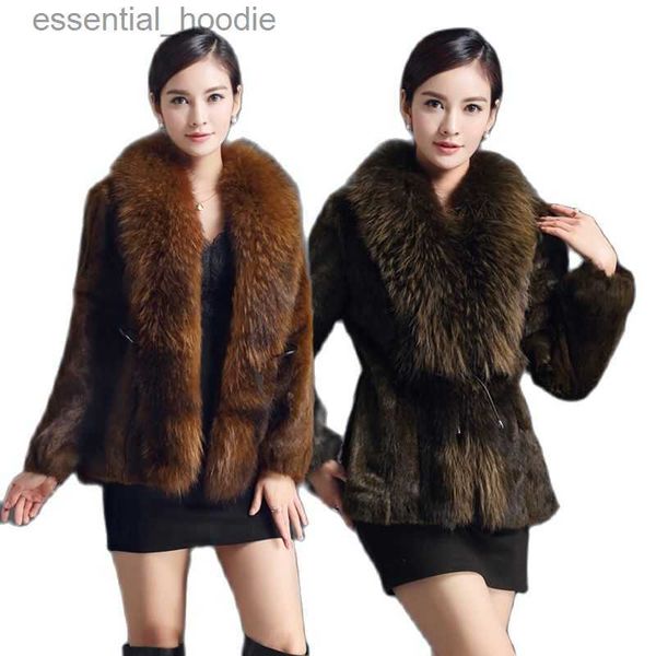 Kadın Kürk Faux Fur 2023 Sıcak Satışlar Yeni%100 Tavşan Kürk Rakun Köpek Kürk Yaka Moda Kadınlar Büyük Uzun Kollu Kalın Sıcak Sokak Giyim L230920