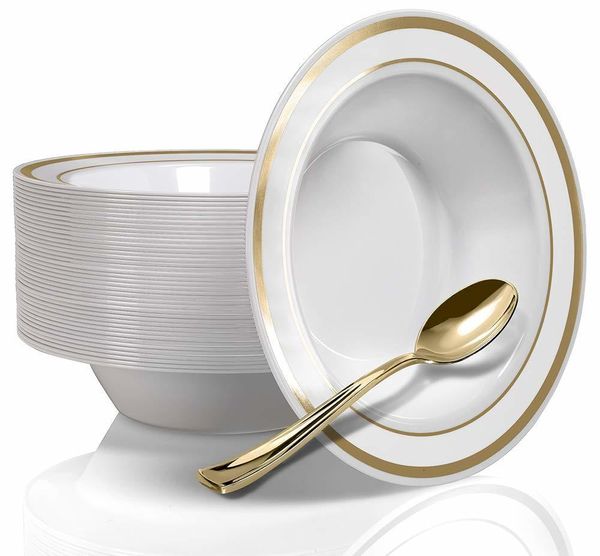 Einweg-Geschirr, 100 Goldrand-Suppenschüsseln und Plastiklöffel aus Kunststoff – Einweg-Dessertschüsseln, Salatteller für Hochzeiten, Partys 230920