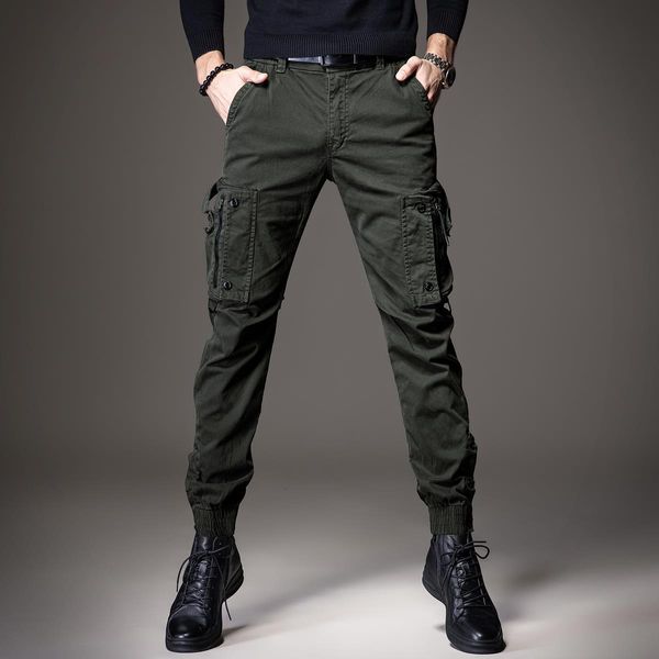 Jeans masculinos luz luxo ao ar livre esportes jeans desgaste-prova harem estilo multi-bolsos calças de carga fãs do exército slim-fit na moda calças casuais 230920