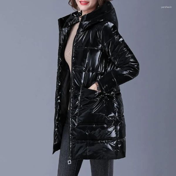 Piumino invernale da donna Cappotto lungo in tessuto nero nero imbottito in cotone con cappuccio viso luminoso moda addensato caldo