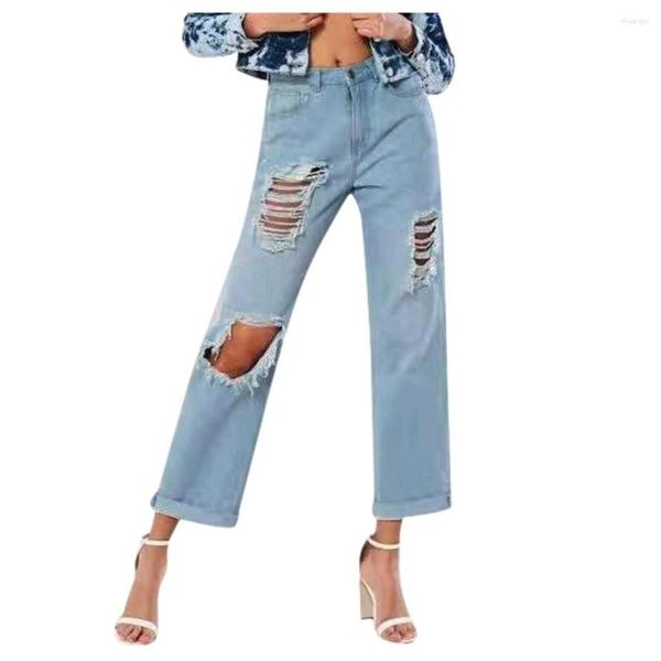 Jeans femininos y2k denim plus size calças de cintura alta americana rua magro perfurado perna reta tubo elasticidade roupas