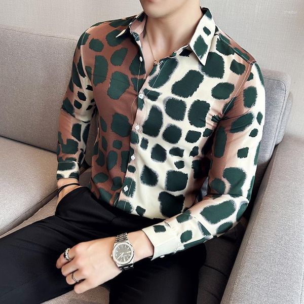 Мужские классические рубашки Модная рубашка с леопардовым принтом 2023 Осень с длинным рукавом Slim Fit Повседневный смокинг Мужской свадебный социальный блузка Homme Plus Размер
