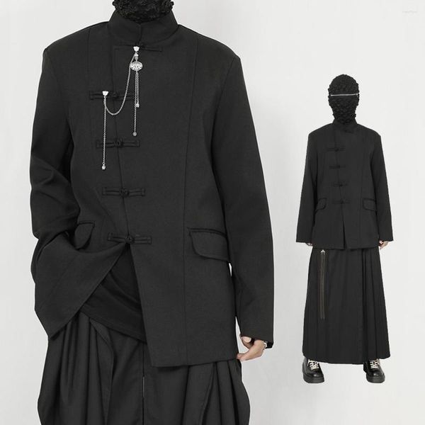 Мужские костюмы, оригинальный повседневный костюм, пальто, винтажный китайский стиль, черный воротник-стойка, пластина с пряжкой, свободный крой, Чжуншань