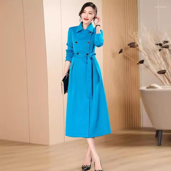 Mulheres Trench Coats Mulheres Simplicidade Azul Casaco Longo Primavera Outono Moda Casual Turn-down Collar Duplo Breasted Lace-up Slim Overcoat