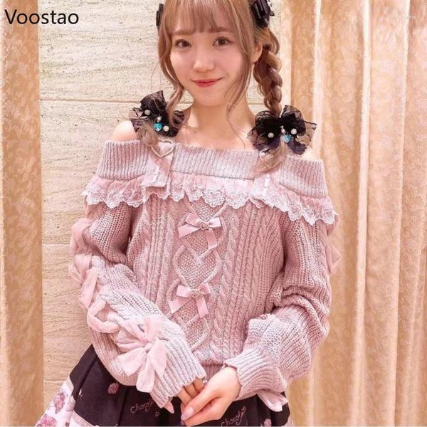 Damenpullover Vintage Sweet Lolita Style Strickpullover Herbst Mädchen Niedlich Schulterfrei Spitze Rüschen Schleife Pullover Damen Harajuku Strickwaren