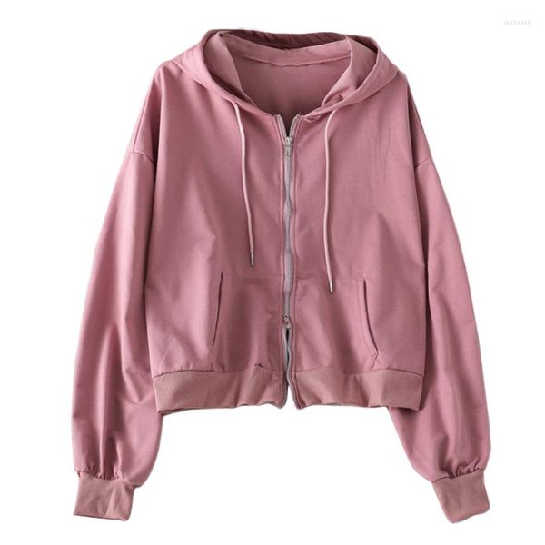 Hoodies femininos oumengka zip-up outono mulheres bolsos solto colheita jaqueta feminina roupas cordão azul casual hoodie algodão oversize casaco