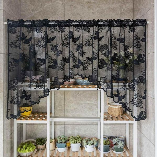 Cortina preta de renda borboleta curta para janela pequena armário meninas quarto transparente cozinha decoração de casa # e