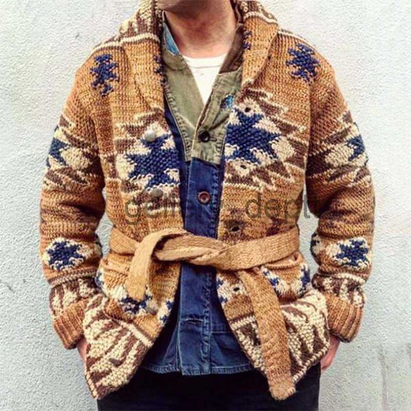 Erkek kazakları erkek süveter katlar kış kalın örgü sıcak ceketler retro geometrik desen kemer örgü hıritalar erkekler sonbahar jacquard sweatercoat j230920