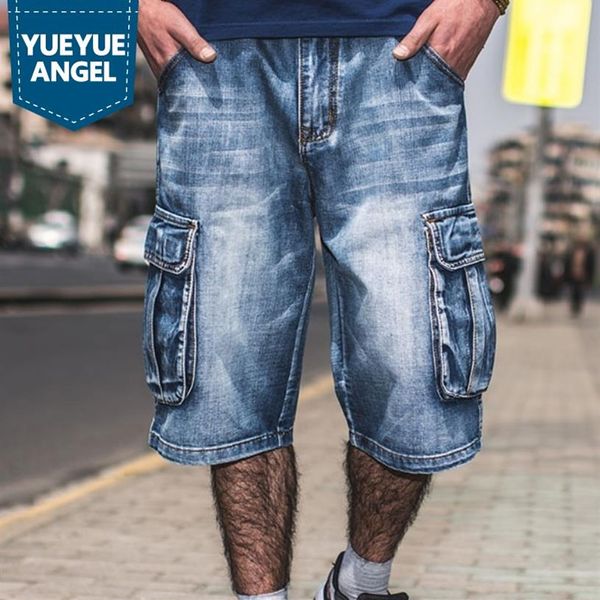 Yaz büyük boy 40 42 44 46 Erkekler Hip Hop Kargo Şortu Denim Diz Uzunluk Gevşek Bol kot pantolon Multi Cepler Erkek Sokak Giyim336L