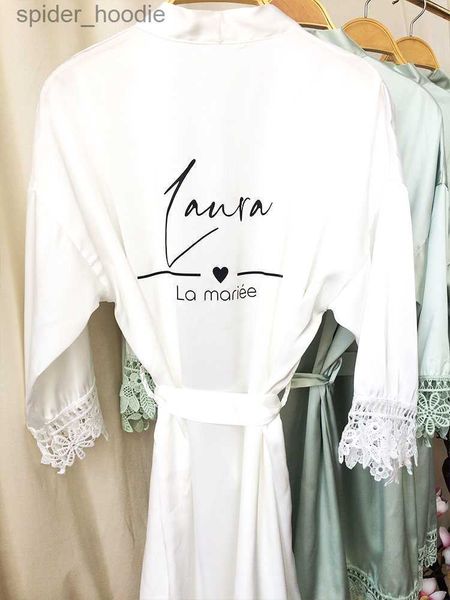 Mulheres Sleep Lounge La Marie Kimono Branco com Nome Vestidos para Noiva Demoiselle DHonneur Green Sage Kimono Personalizado Robe de Cetim Robes de Renda para Casamento L230920